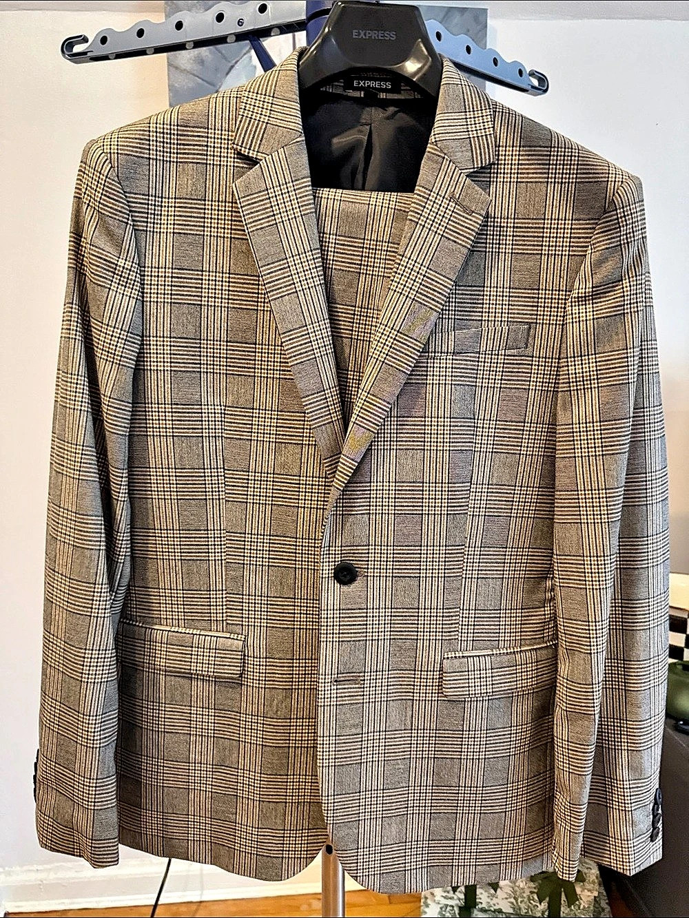 Express Slim Plaid Suit Men's Blazer Brown & Gray Slim 38S